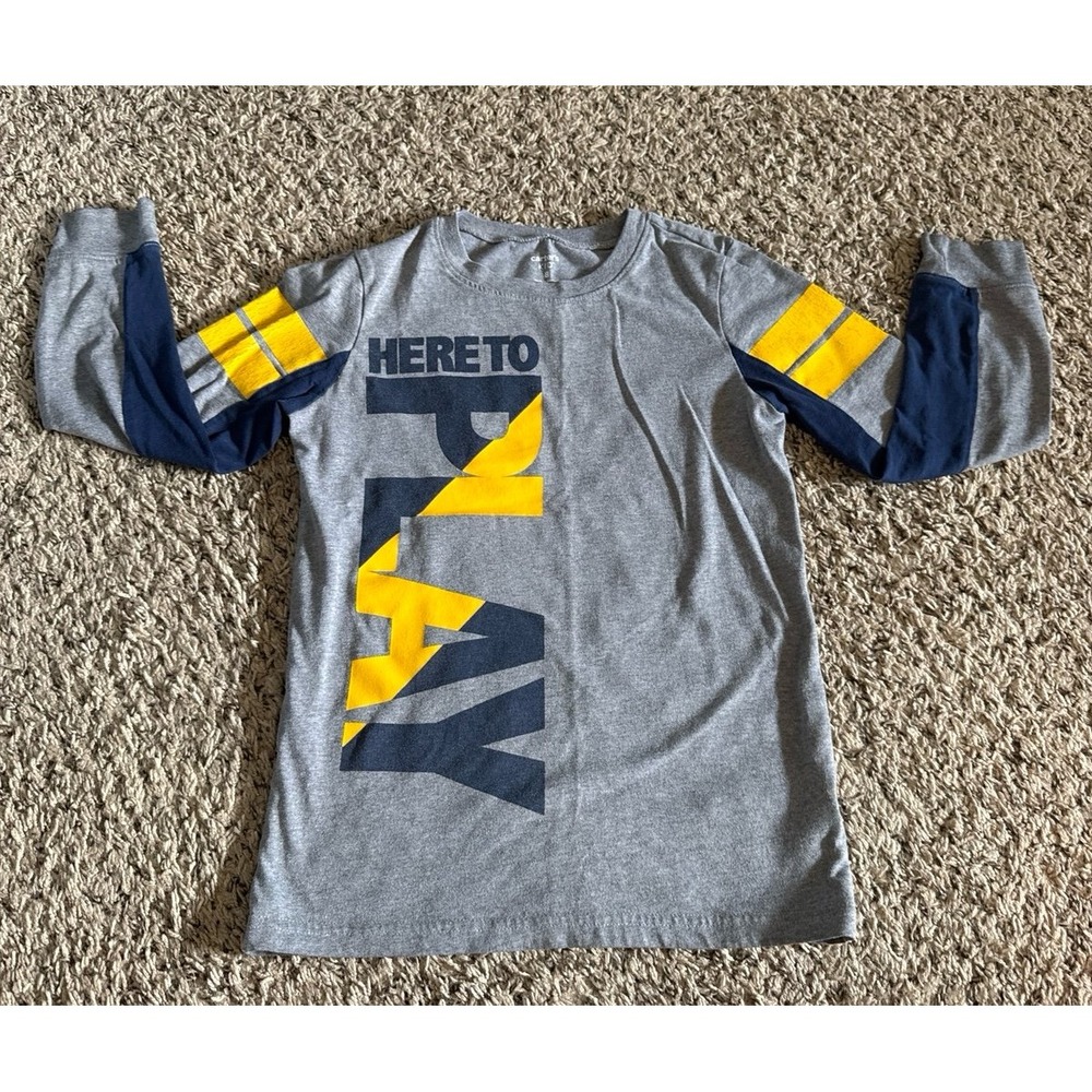 Carter's Boys Gray Navy Blue Yellow "Here to play" long sleeve tee size 8